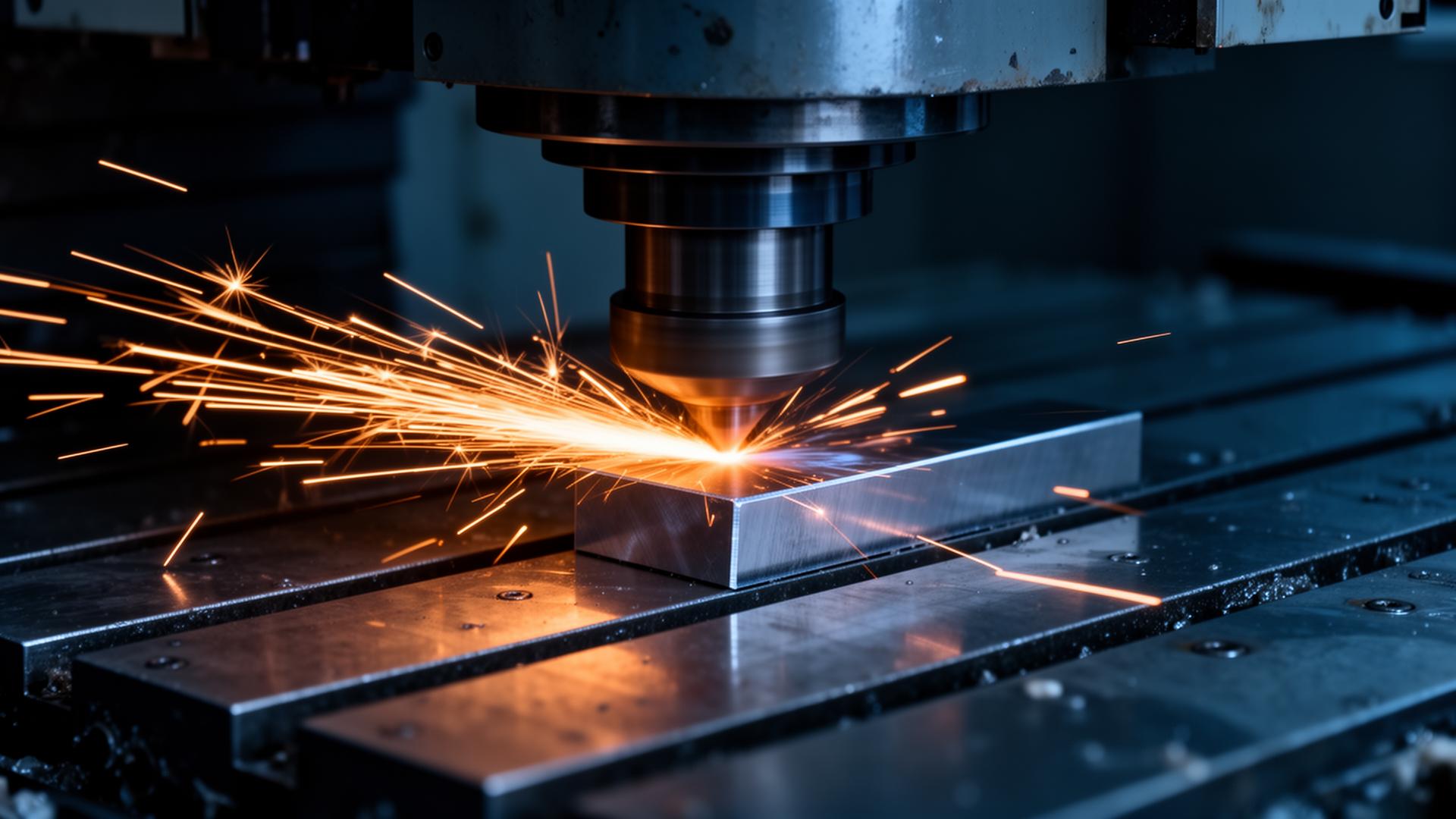Usinagem CNC com faíscas em operação
